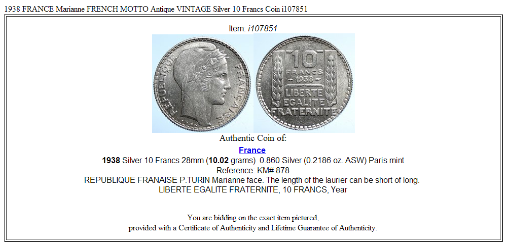 1938 FRANCE Marianne FRENCH MOTTO Antique VINTAGE Silver 10 Francs Coin i107851