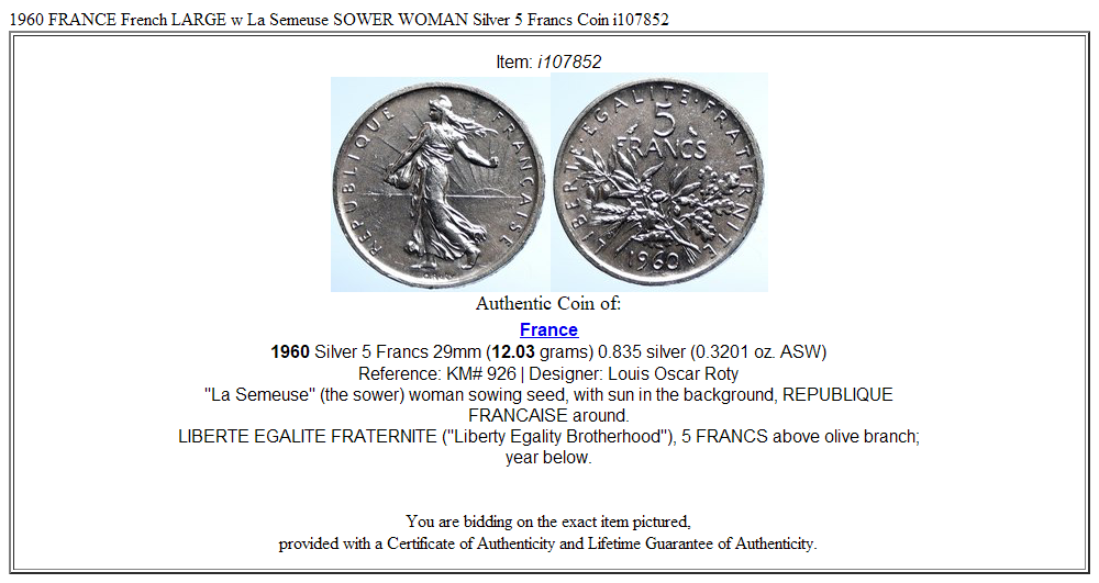 1960 FRANCE French LARGE w La Semeuse SOWER WOMAN Silver 5 Francs Coin i107852