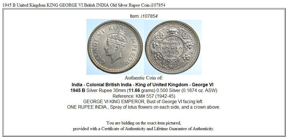 1945 B United Kingdom KING GEORGE VI British INDIA Old Silver Rupee Coin i107854