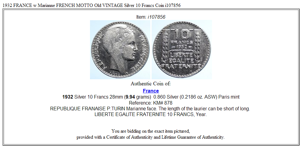 1932 FRANCE w Marianne FRENCH MOTTO Old VINTAGE Silver 10 Francs Coin i107856