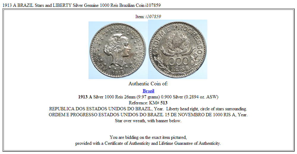 1913 A BRAZIL Stars and LIBERTY Silver Genuine 1000 Reis Brazilian Coin i107859