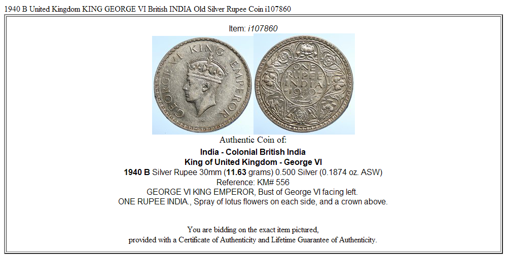 1940 B United Kingdom KING GEORGE VI British INDIA Old Silver Rupee Coin i107860