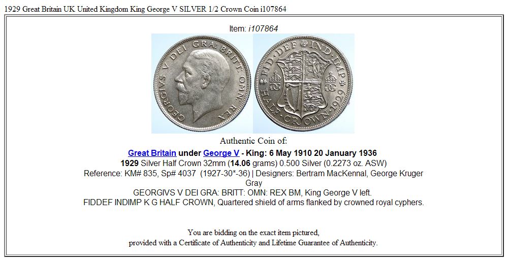 1929 Great Britain UK United Kingdom King George V SILVER 1/2 Crown Coin i107864