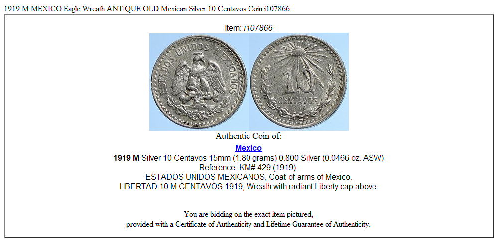 1919 M MEXICO Eagle Wreath ANTIQUE OLD Mexican Silver 10 Centavos Coin i107866