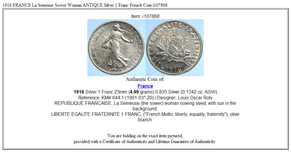 1916 FRANCE La Semeuse Sower Woman ANTIQUE Silver 1 Franc French Coin i107868