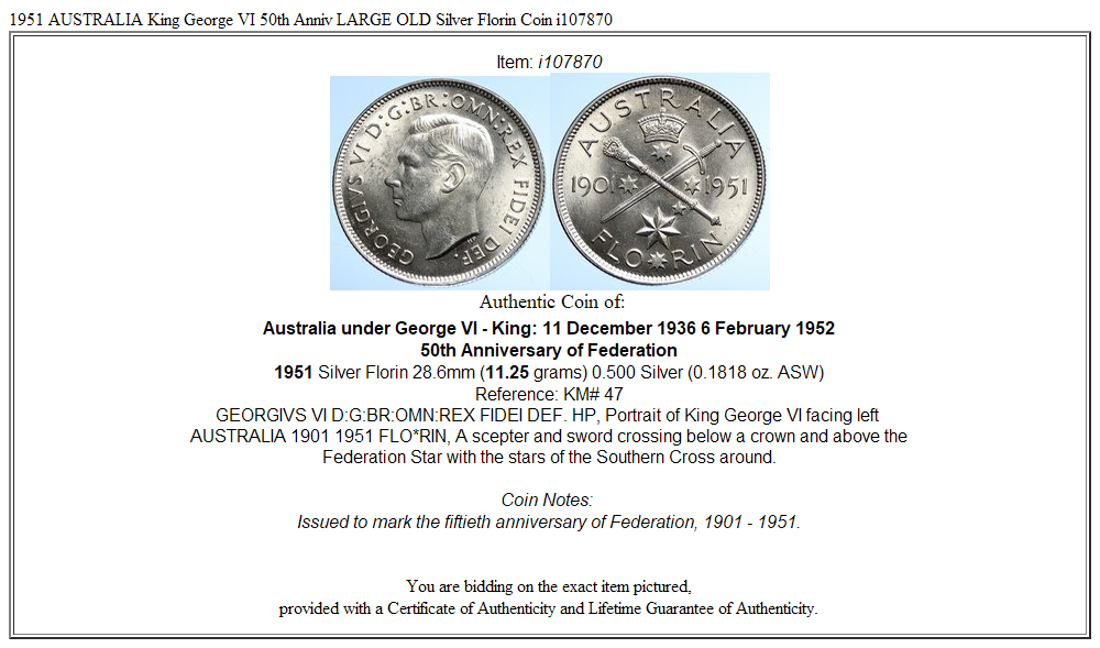 1951 AUSTRALIA King George VI 50th Anniv LARGE OLD Silver Florin Coin i107870