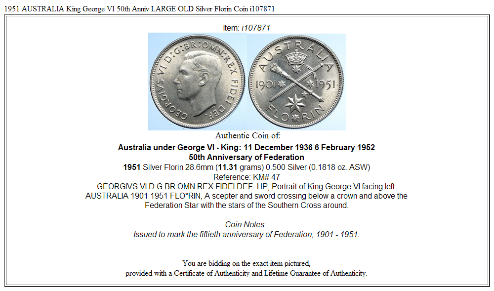 1951 AUSTRALIA King George VI 50th Anniv LARGE OLD Silver Florin Coin i107871