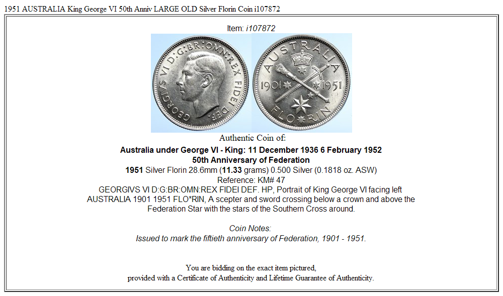 1951 AUSTRALIA King George VI 50th Anniv LARGE OLD Silver Florin Coin i107872