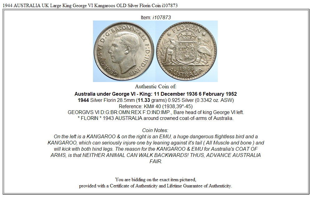 1944 AUSTRALIA UK Large King George VI Kangaroos OLD Silver Florin Coin i107873