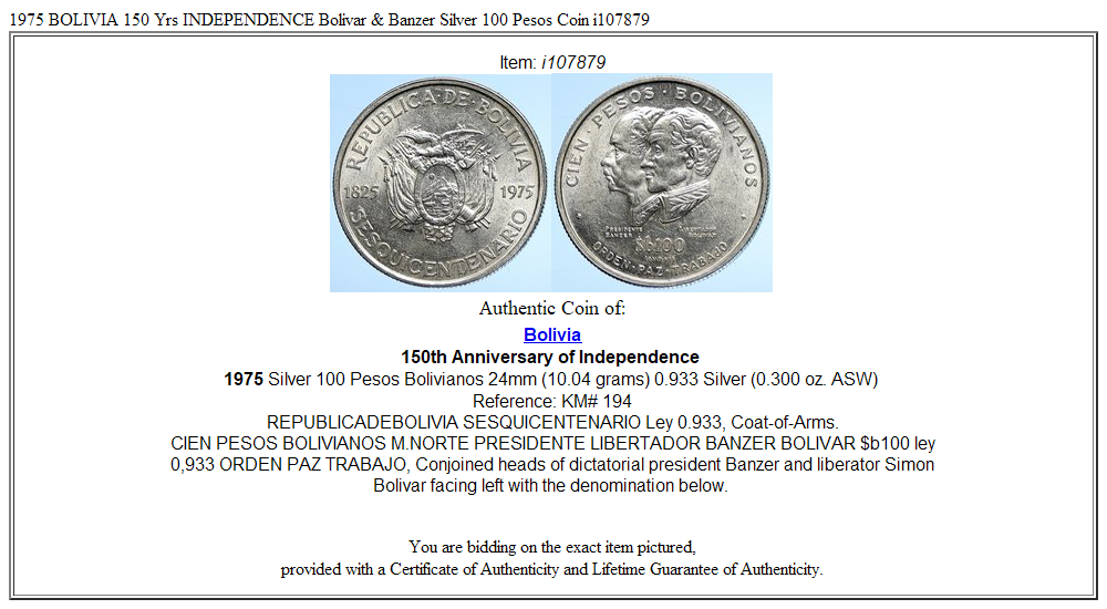 1975 BOLIVIA 150 Yrs INDEPENDENCE Bolivar & Banzer Silver 100 Pesos Coin i107879