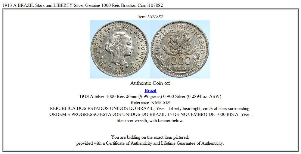 1913 A BRAZIL Stars and LIBERTY Silver Genuine 1000 Reis Brazilian Coin i107882