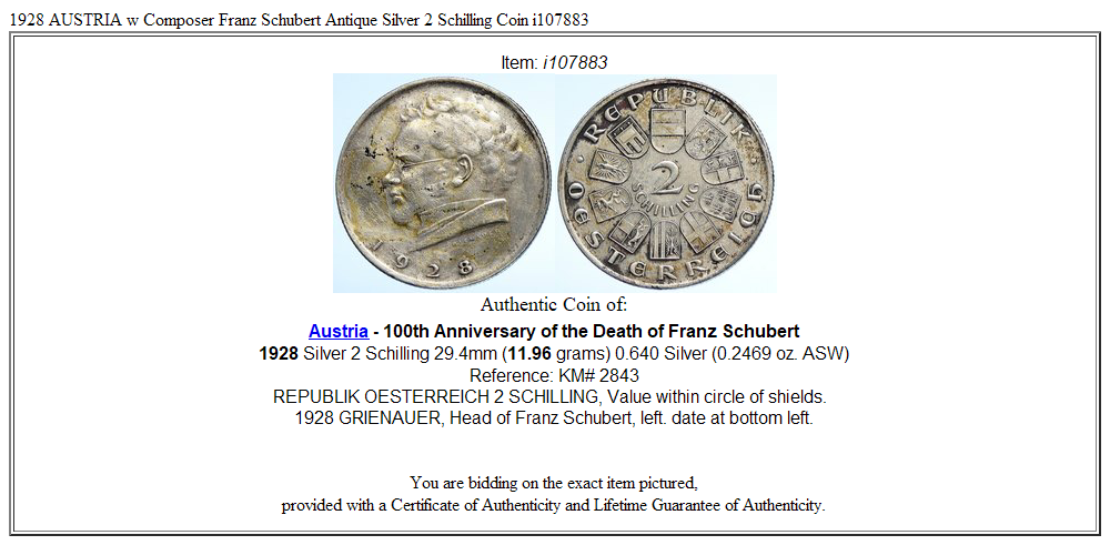 1928 AUSTRIA w Composer Franz Schubert Antique Silver 2 Schilling Coin i107883