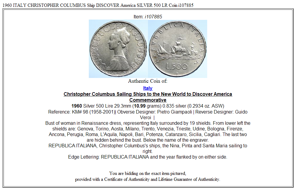 1960 ITALY CHRISTOPHER COLUMBUS Ship DISCOVER America SILVER 500 LR Coin i107885