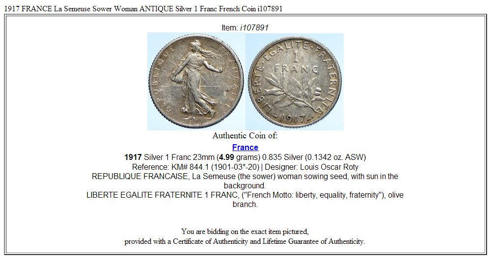 1917 FRANCE La Semeuse Sower Woman ANTIQUE Silver 1 Franc French Coin i107891