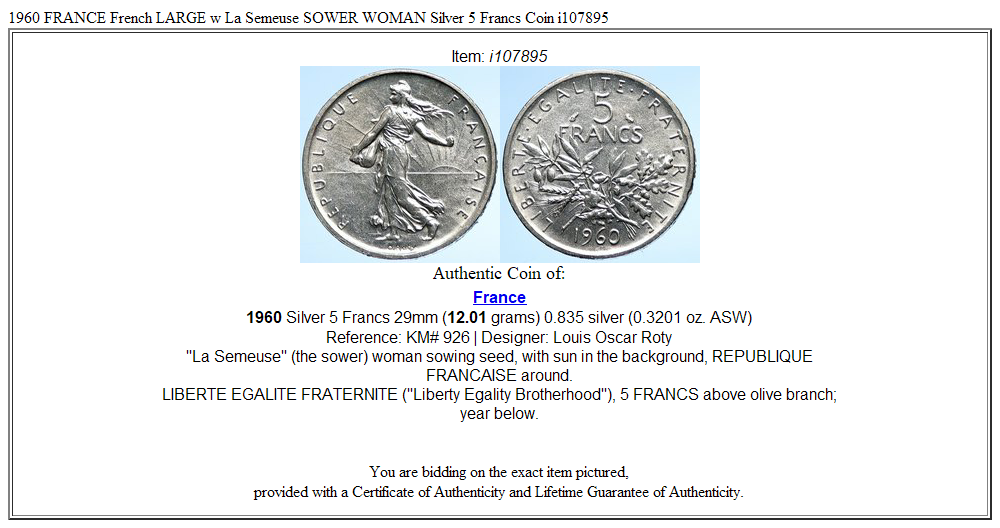 1960 FRANCE French LARGE w La Semeuse SOWER WOMAN Silver 5 Francs Coin i107895