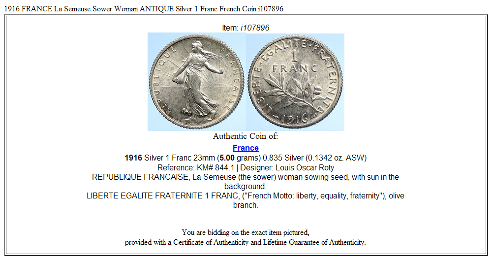 1916 FRANCE La Semeuse Sower Woman ANTIQUE Silver 1 Franc French Coin i107896