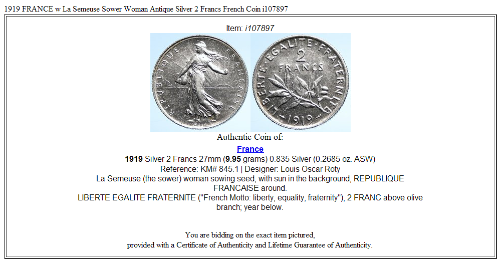 1919 FRANCE w La Semeuse Sower Woman Antique Silver 2 Francs French Coin i107897