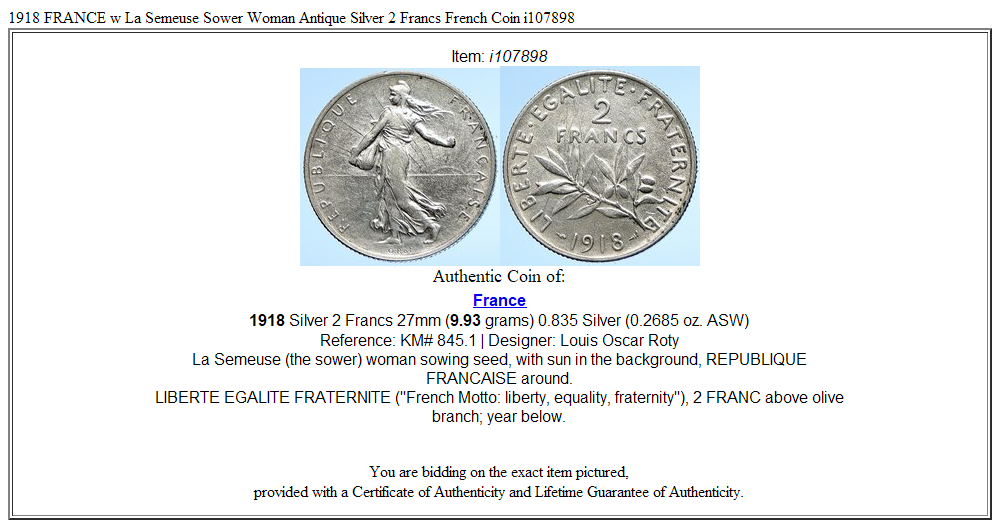 1918 FRANCE w La Semeuse Sower Woman Antique Silver 2 Francs French Coin i107898