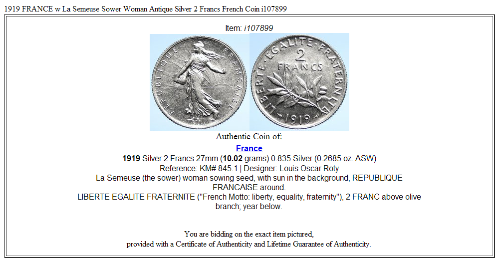 1919 FRANCE w La Semeuse Sower Woman Antique Silver 2 Francs French Coin i107899