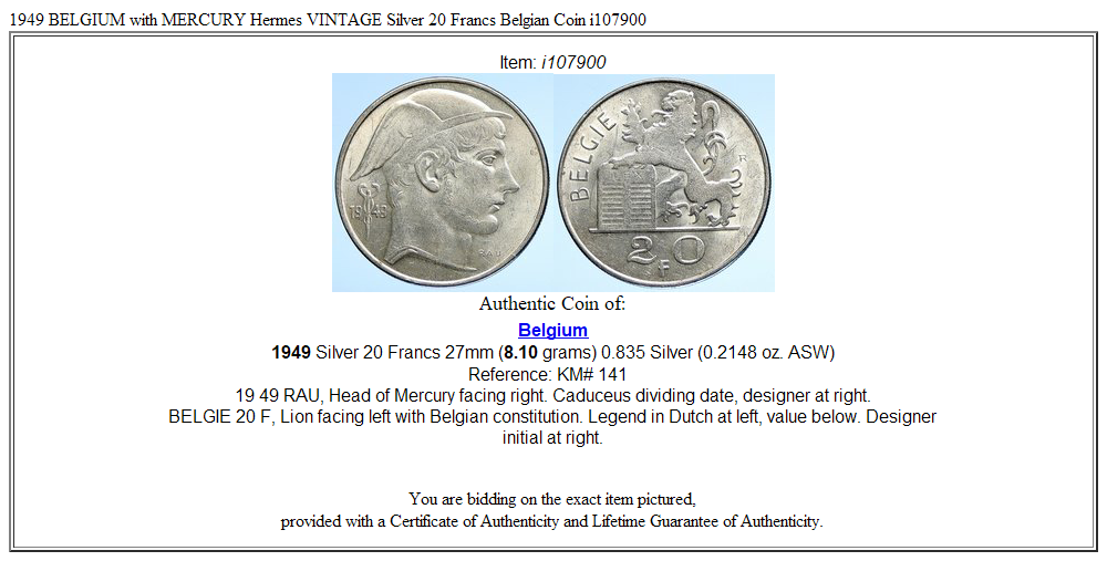 1949 BELGIUM with MERCURY Hermes VINTAGE Silver 20 Francs Belgian Coin i107900