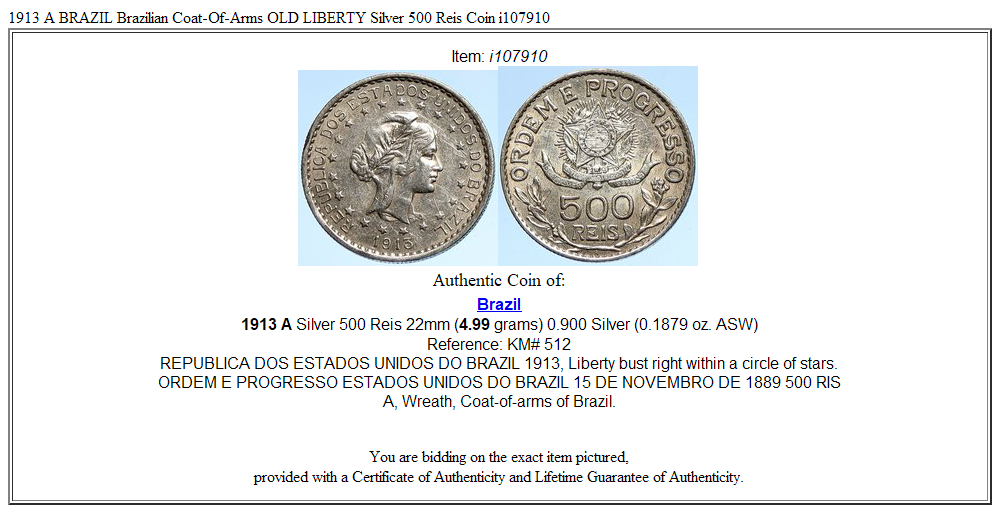 1913 A BRAZIL Brazilian Coat-Of-Arms OLD LIBERTY Silver 500 Reis Coin i107910