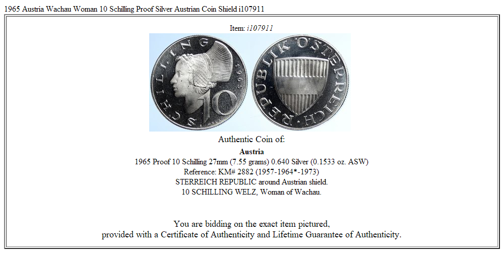 1965 Austria Wachau Woman 10 Schilling Proof Silver Austrian Coin Shield i107911