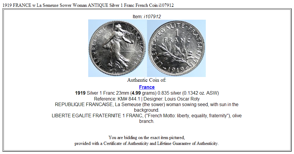 1919 FRANCE w La Semeuse Sower Woman ANTIQUE Silver 1 Franc French Coin i107912