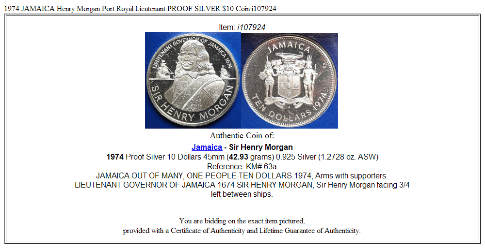 1974 JAMAICA Henry Morgan Port Royal Lieutenant PROOF SILVER $10 Coin i107924