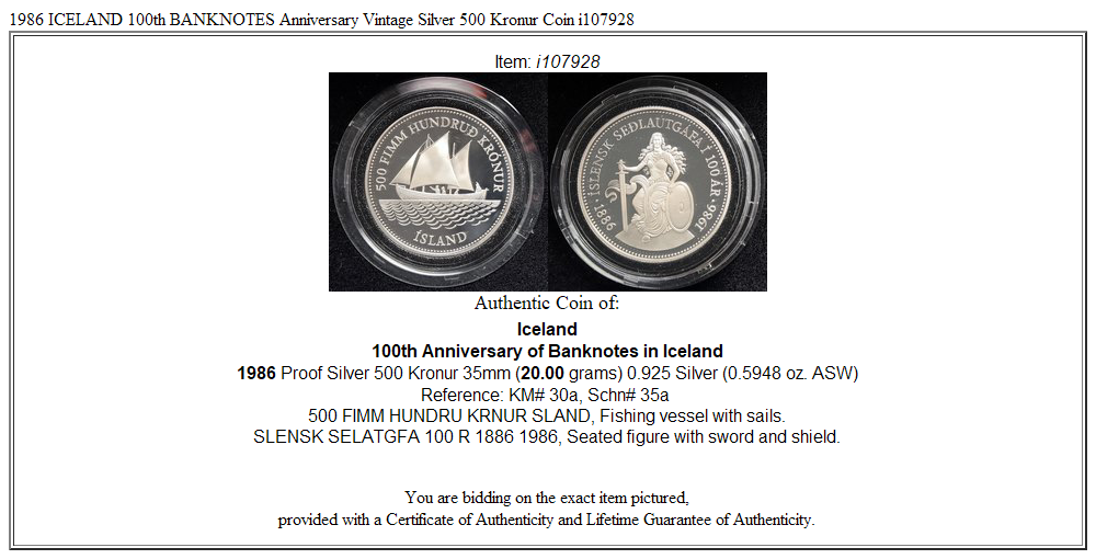 1986 ICELAND 100th BANKNOTES Anniversary Vintage Silver 500 Kronur Coin i107928