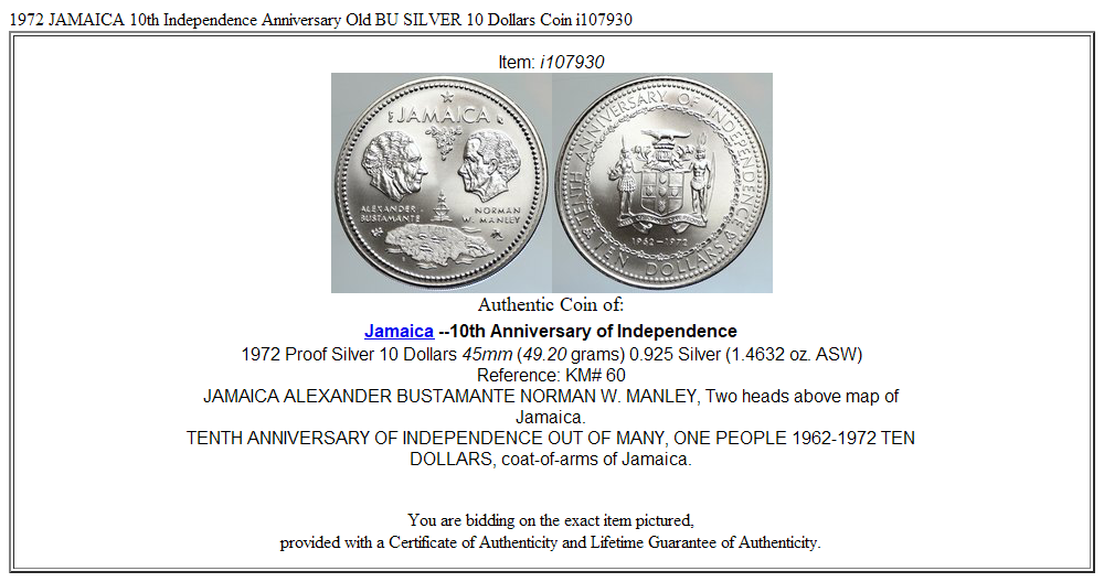 1972 JAMAICA 10th Independence Anniversary Old BU SILVER 10 Dollars Coin i107930