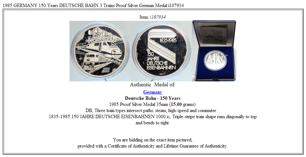 1985 GERMANY 150 Years DEUTSCHE BAHN 3 Trains Proof Silver German Medal i107934