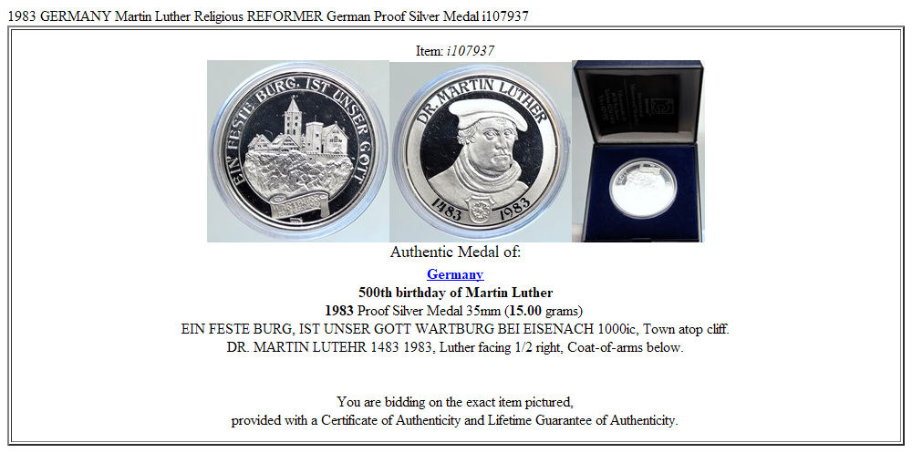 1983 GERMANY Martin Luther Religious REFORMER German Proof Silver Medal i107937