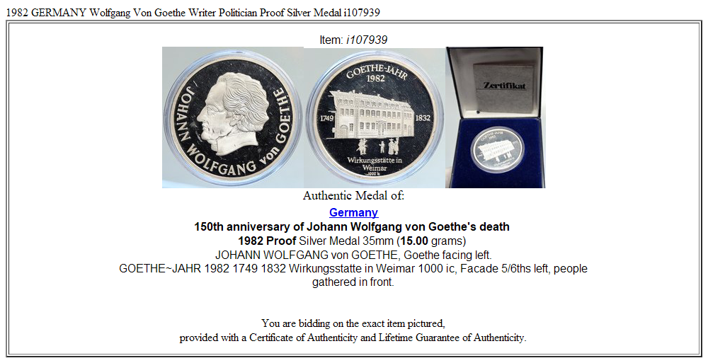 1982 GERMANY Wolfgang Von Goethe Writer Politician Proof Silver Medal i107939