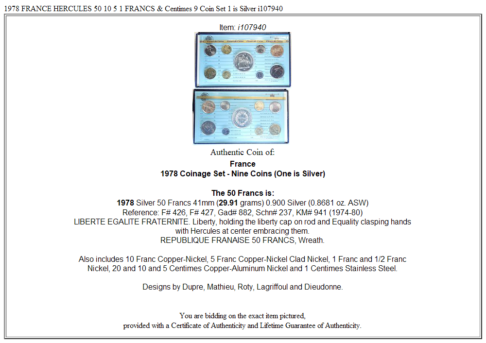 1978 FRANCE HERCULES 50 10 5 1 FRANCS & Centimes 9 Coin Set 1 is Silver i107940