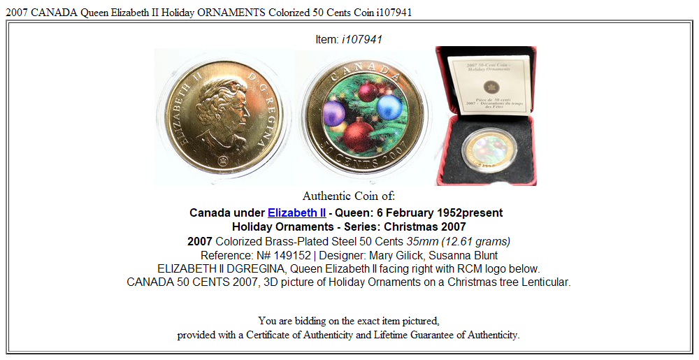 2007 CANADA Queen Elizabeth II Holiday ORNAMENTS Colorized 50 Cents Coin i107941