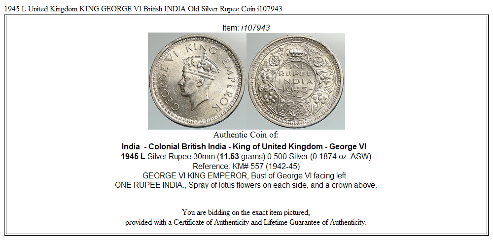 1945 L United Kingdom KING GEORGE VI British INDIA Old Silver Rupee Coin i107943