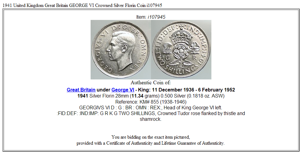 1941 United Kingdom Great Britain GEORGE VI Crowned Silver Florin Coin i107945
