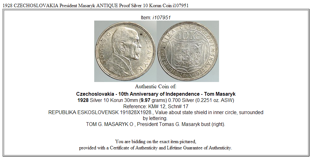 1928 CZECHOSLOVAKIA President Masaryk ANTIQUE Proof Silver 10 Korun Coin i107951