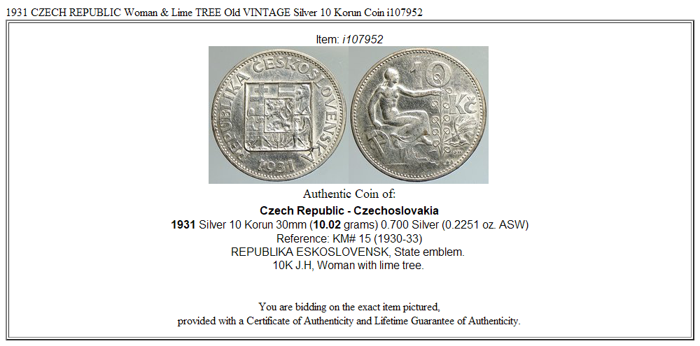 1931 CZECH REPUBLIC Woman & Lime TREE Old VINTAGE Silver 10 Korun Coin i107952