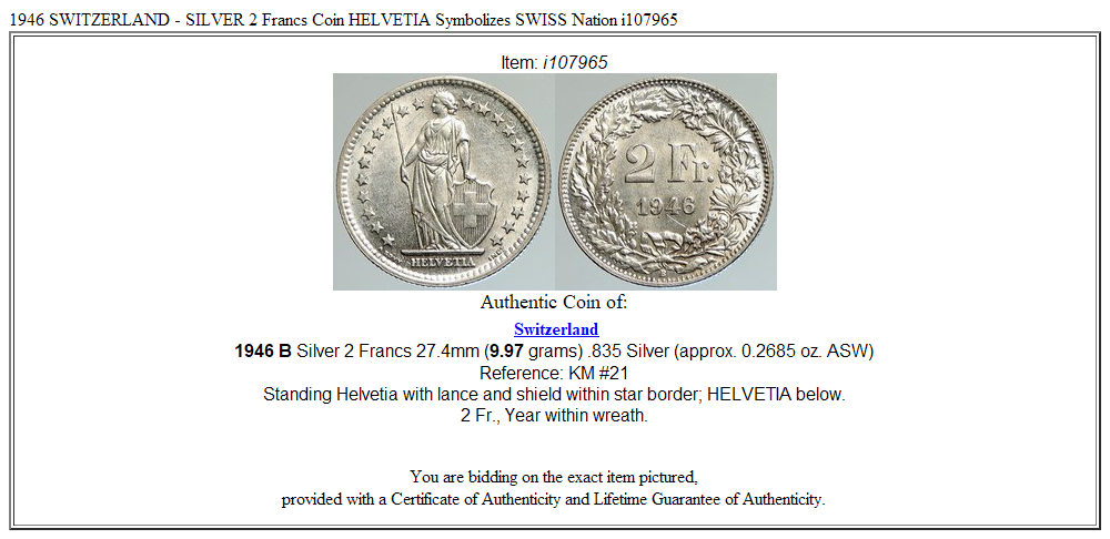 1946 SWITZERLAND - SILVER 2 Francs Coin HELVETIA Symbolizes SWISS Nation i107965