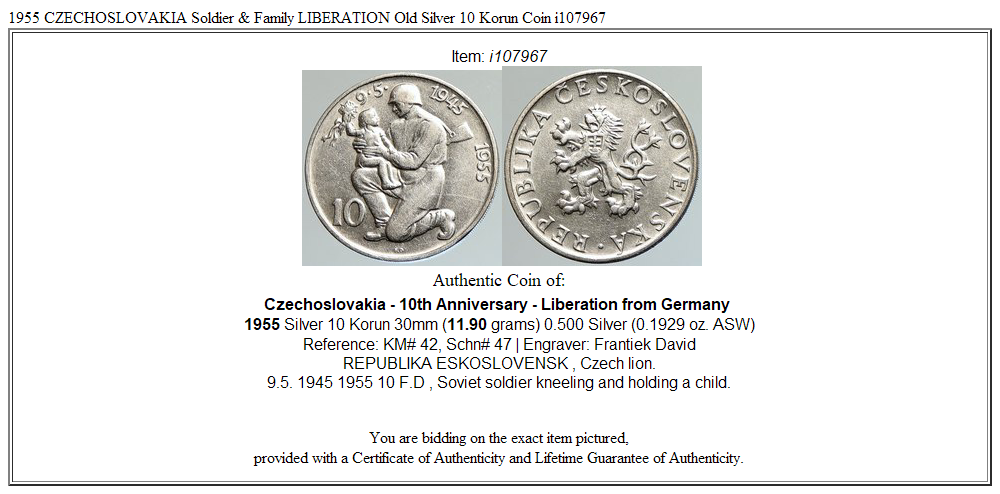 1955 CZECHOSLOVAKIA Soldier & Family LIBERATION Old Silver 10 Korun Coin i107967