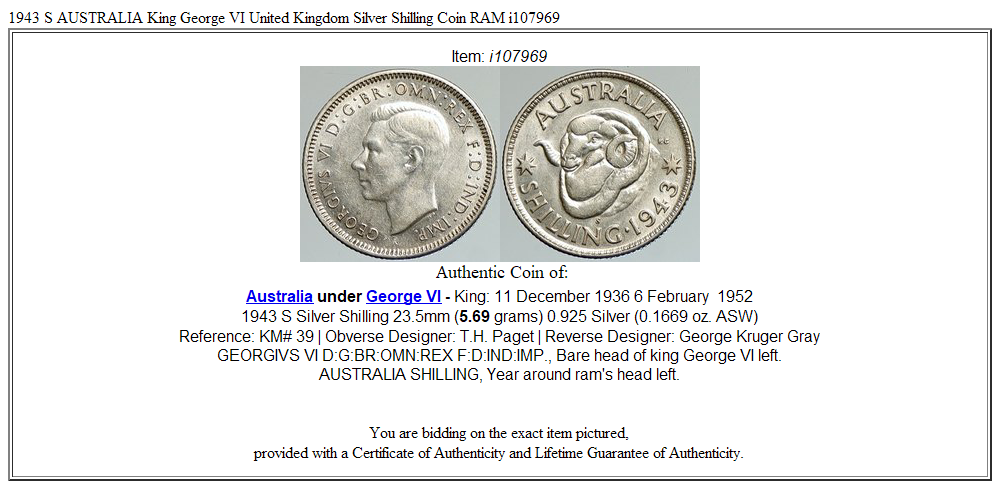 1943 S AUSTRALIA King George VI United Kingdom Silver Shilling Coin RAM i107969