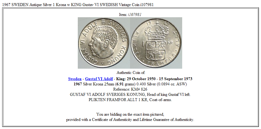 1967 SWEDEN Antique Silver 1 Krona w KING Gustav VI SWEDISH Vintage Coin i107981