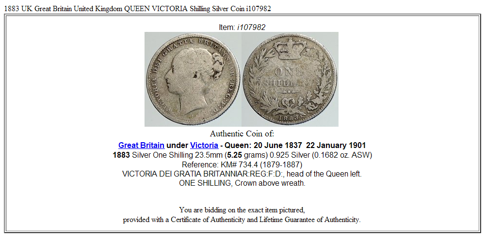 1883 UK Great Britain United Kingdom QUEEN VICTORIA Shilling Silver Coin i107982