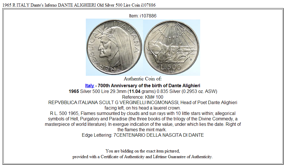 1965 R ITALY Dante's Inferno DANTE ALIGHIERI Old Silver 500 Lire Coin i107886