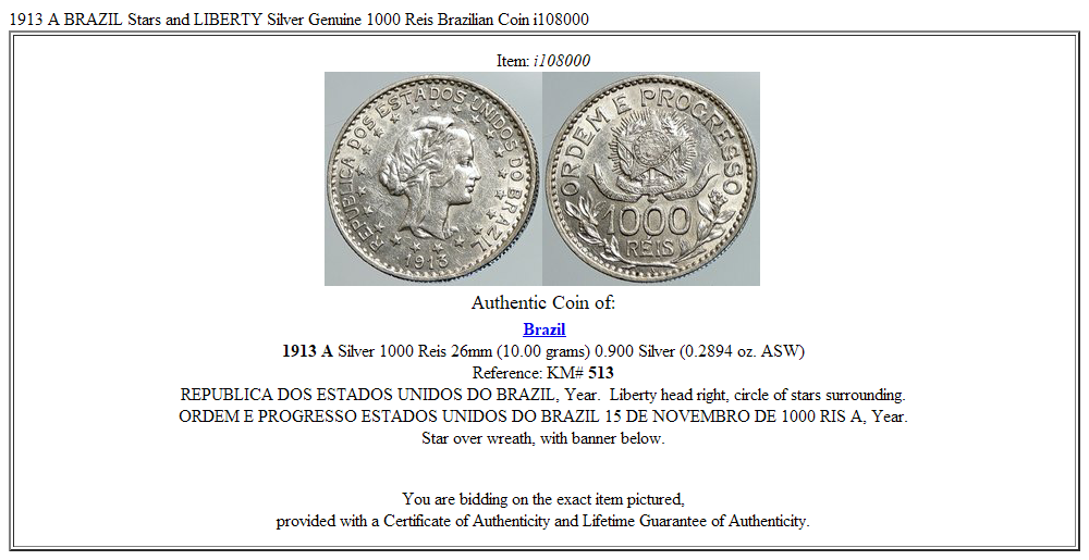 1913 A BRAZIL Stars and LIBERTY Silver Genuine 1000 Reis Brazilian Coin i108000