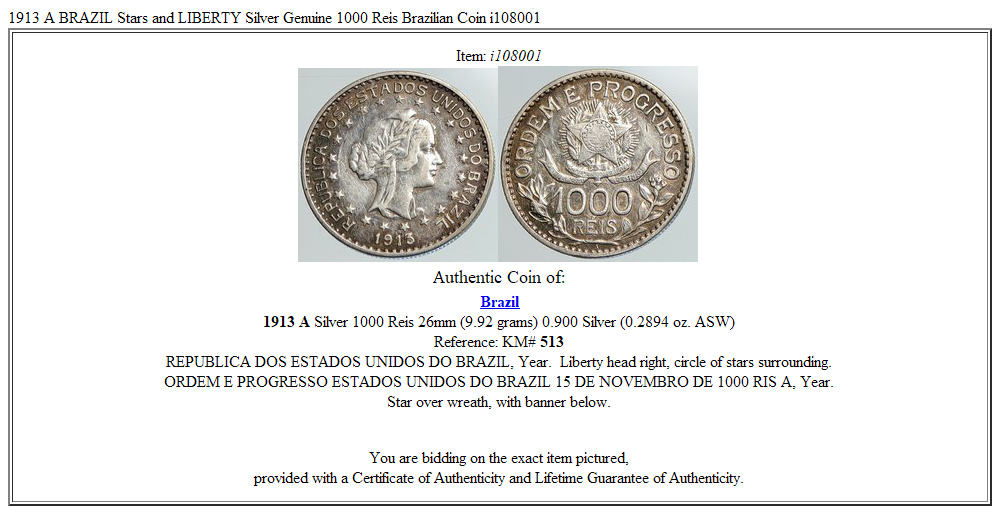 1913 A BRAZIL Stars and LIBERTY Silver Genuine 1000 Reis Brazilian Coin i108001