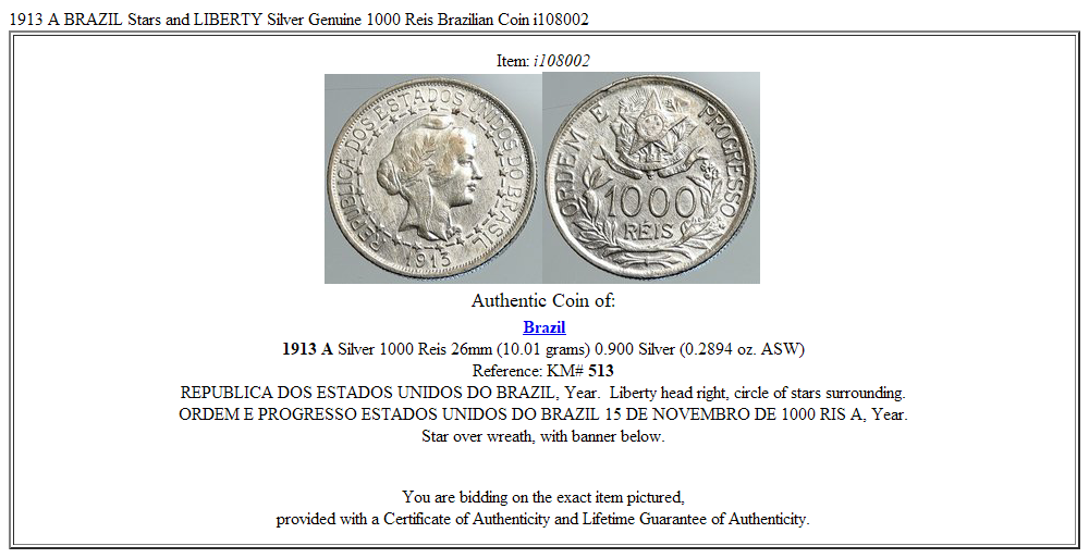 1913 A BRAZIL Stars and LIBERTY Silver Genuine 1000 Reis Brazilian Coin i108002