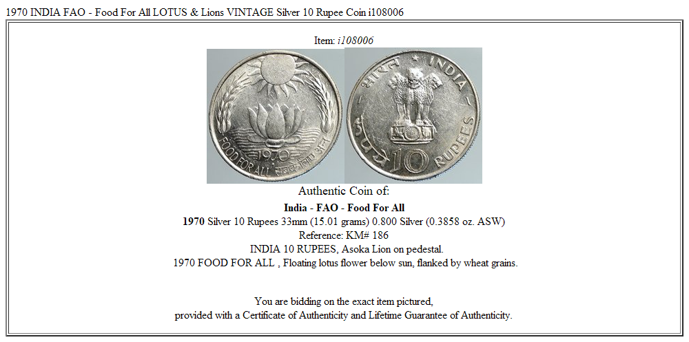 1970 INDIA FAO - Food For All LOTUS & Lions VINTAGE Silver 10 Rupee Coin i108006