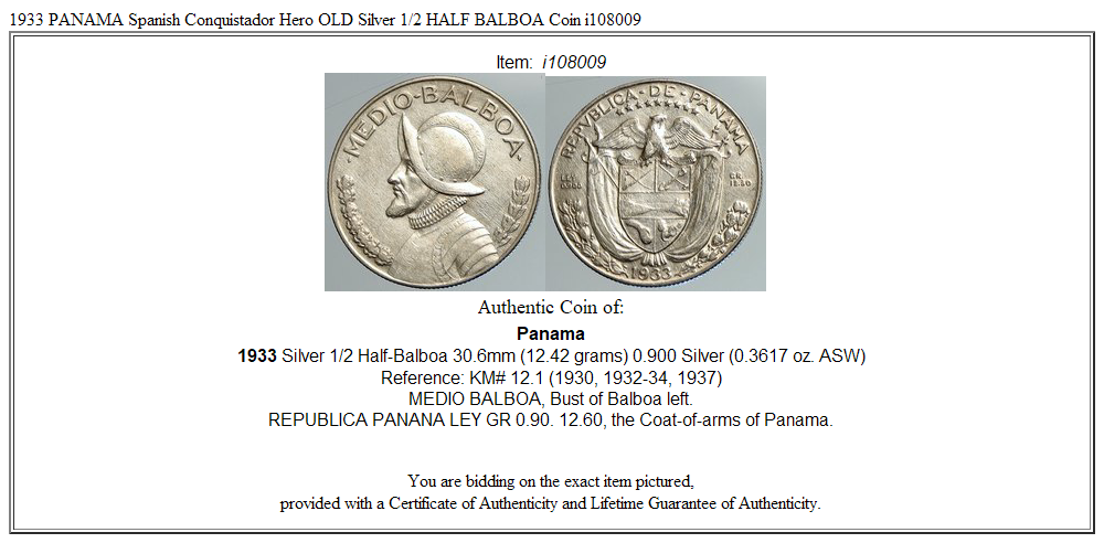 1933 PANAMA Spanish Conquistador Hero OLD Silver 1/2 HALF BALBOA Coin i108009